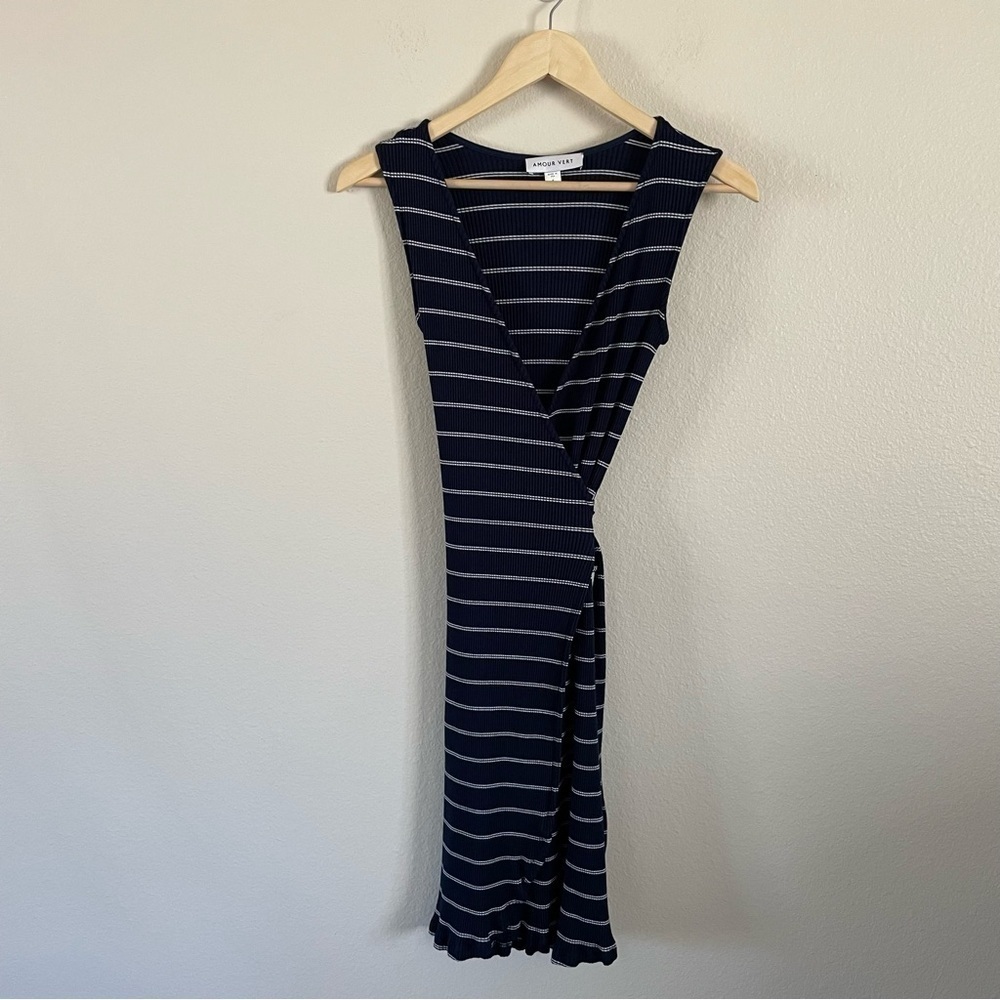 Amour Vert Modal Wrap Dress Sleeveless Blue and White Striped Size Small